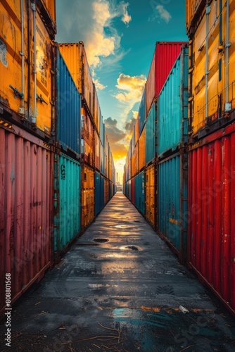 Vibrant shipping containers in a corridor
