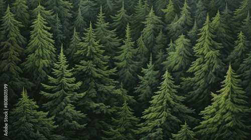 An aerial view of a coniferous forest. The trees are densely packed together and the canopy is unbroken. The forest floor is covered in a thick layer of moss.