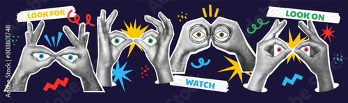 Hands binoculars. Art collage shapes. Eyes look forward through fingers. Web concept for business, marketing, web surfing, searching. Hand gesture. Vector set