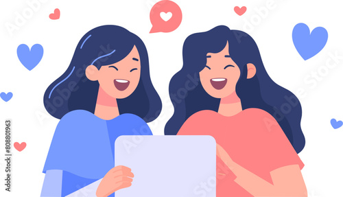 Two girls together chatting in tablet, conversation, teamwork, online. Flat vector isolated.