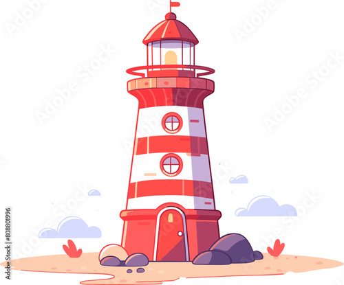 Red and white colored lighthouse on beach. Flat vector illustration isolated.