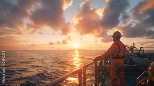 Worker contemplating sunset at sea on a tranquil evening. Reflective moment in nature's beauty. Perfect for relaxation themes. AI © Irina Ukrainets