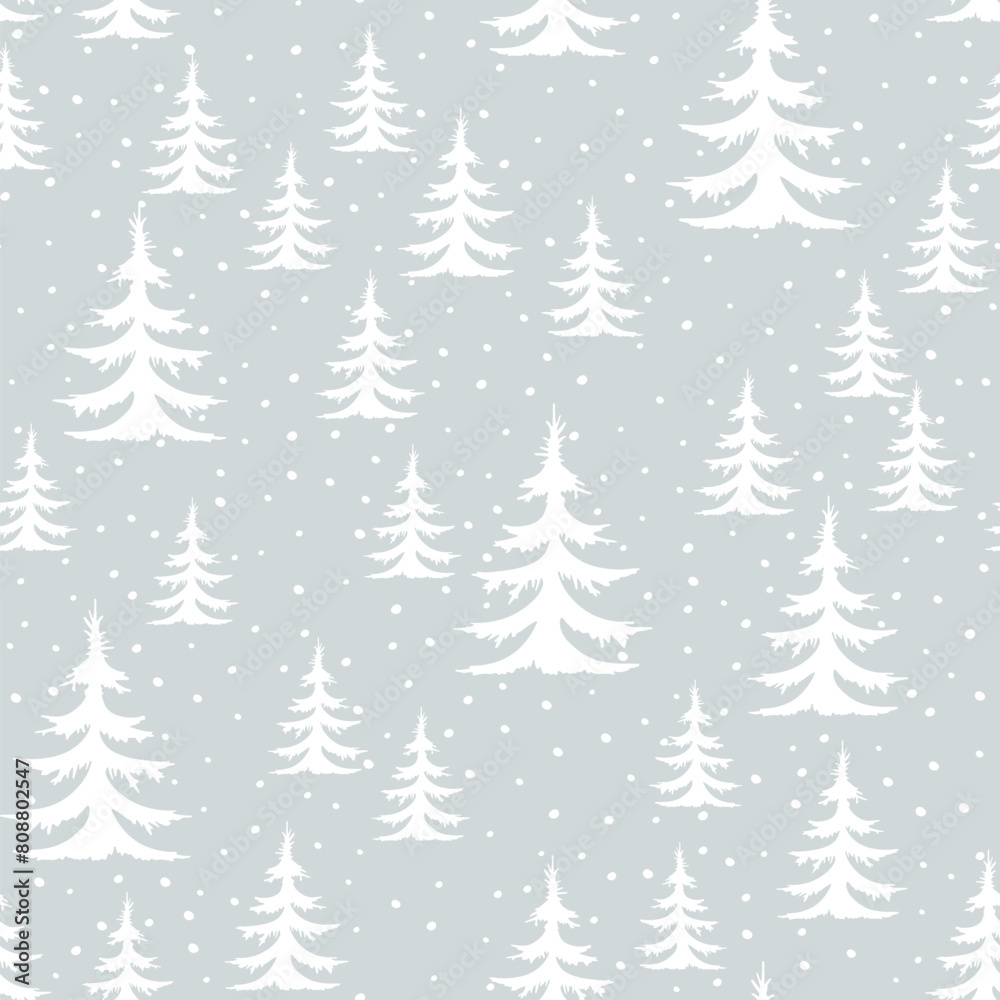Grey winter forest Scandinavian seamless pattern. Vector silver New Year print, Christmas tree background, frozen spruce white texture with fir tree for paper, fabric, season decor, gift wrap.