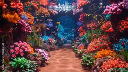 A colorful underwater scene with a path of flowers and rocks