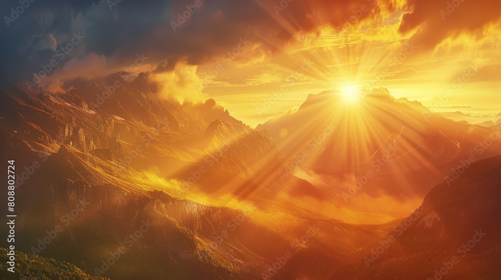 mountain sunrise, the rising sun casts golden rays on the mountain slopes, forming a captivating play of light and shadow, a magical sight to see