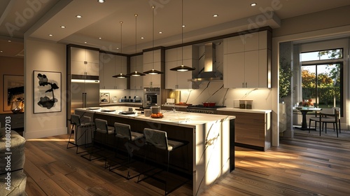 3D rendering of modern kitchen with sleek cabinets and island counter