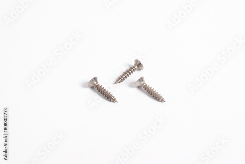 Set of screws isolated on white background , metal screw, iron screw, chrome screw