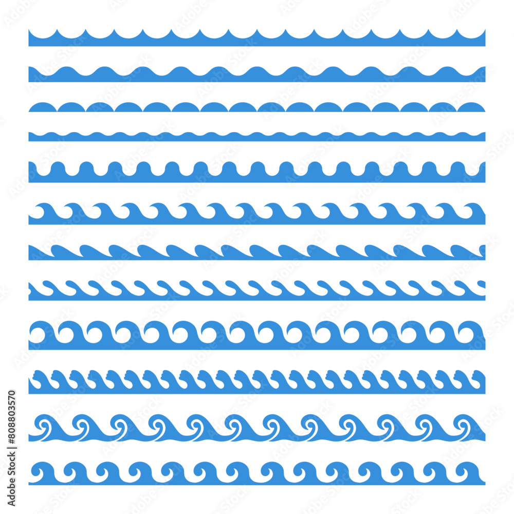 Water wavy borders. Aquatic waves frame. Seamless blue horizontal marine curly brush. Decorative stormy sea tide, curved river, liquid elements design, vector collection Water wavy borders. Aquatic waves frame. Seamless blue horizontal marine curly brush. Decorative stormy sea tide, curved river, liquid elements design, vector collection