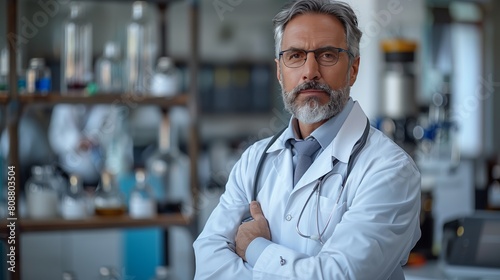 The bearded doctor in a dress shirt stands with crossed arms in the science lab