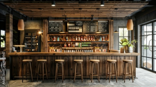 3D rendering of stylish bar interior with wooden counter and cozy seating © aaron