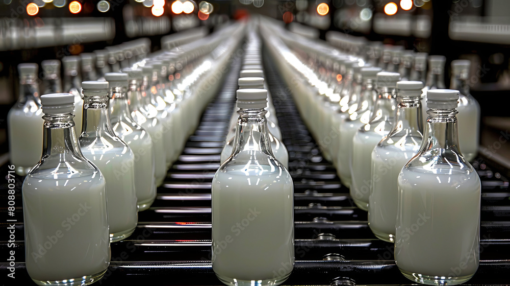 A row of milk bottles on a conveyor belt