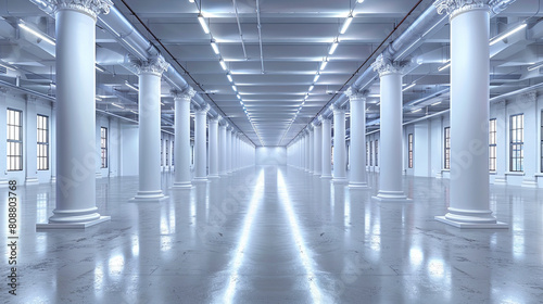 A large  empty  white building with a lot of pillars