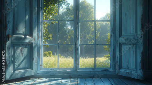 A window with a view of a field and trees