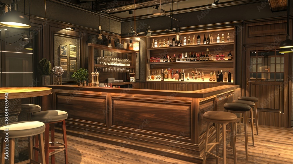 3D rendering of stylish bar interior with wooden counter and cozy seating