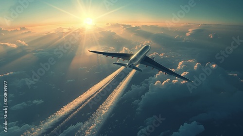 Sunset Serenity: Airplane Wing Piercing Through Majestic Clouds at Dusk