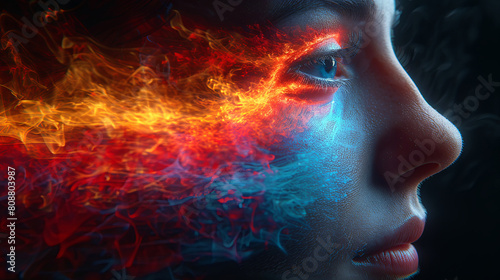 A woman's face is painted with fire and water, creating a surreal