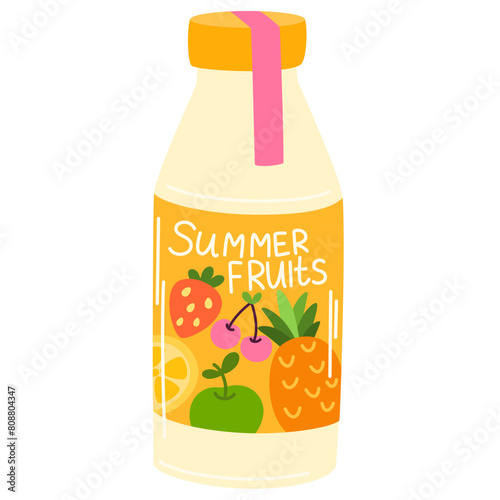 Cold summer cocktail in glass bottle. Fresh orange lemonade, citrus soda, juicy soft drink with citric flavor. Tasty fruit refreshment, juice. Flat vector illustration isolated