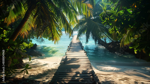 Aesthetic beautiful island destination, endless bridge into the ocean, palm leaves, sun rays. Travel Ad. Generative AI © AngrySun