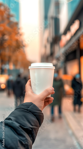 City Coffee Break: Hand Holding White Cup in Urban Streets