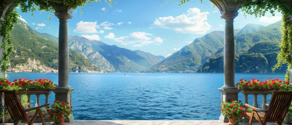 Φωτογραφία Amazing wide view of Beautiful Lake in Italy View from terrace with flowers and