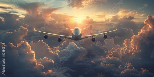 Sunset Serenity: Airplane Wing Piercing Through Majestic Clouds at Dusk