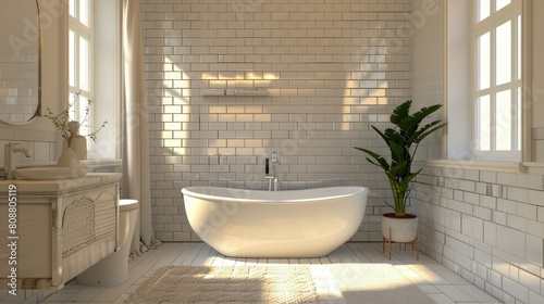 3D rendering of stylish bathroom with clean white tiles and freestanding bathtub