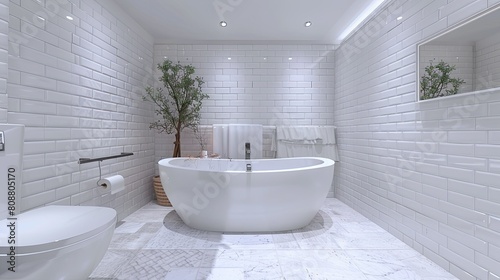 3D rendering of stylish bathroom with clean white tiles and freestanding bathtub