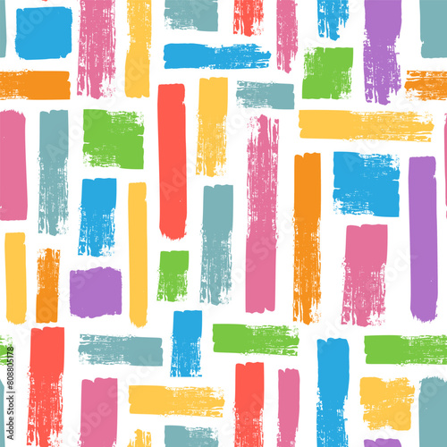 Geometric abstract brush shape. Seamless pattern grunge stroke, simple color blocks and squares. Endless painted chalkboard texture. Hand drawn mosaic background. Vector print