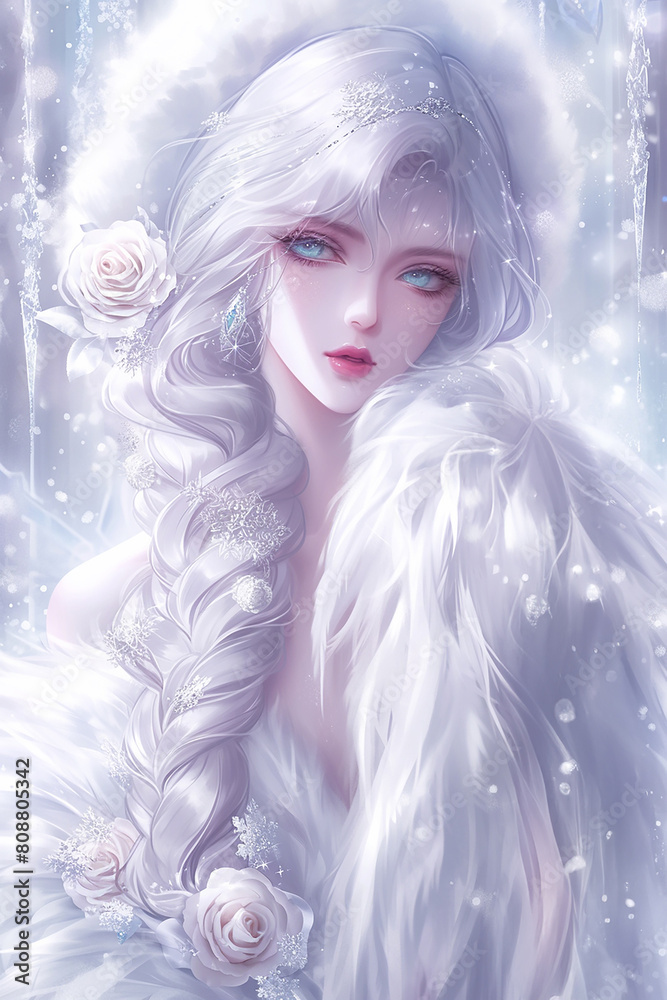 Portrait of a beautiful fantasy snow woman with white hair, snow queen, drawing, digital art, fantasy magic