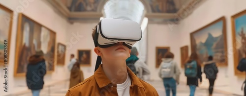 Virtual Art Gallery: A visual representation of a virtual art gallery or museum, with visitors wearing VR headsets and exploring digital artworks and exhibitions photo