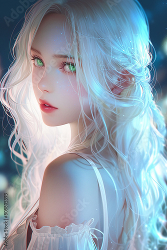 Portrait of a beautiful fantasy snow woman with white hair, snow queen, drawing, digital art, fantasy magic