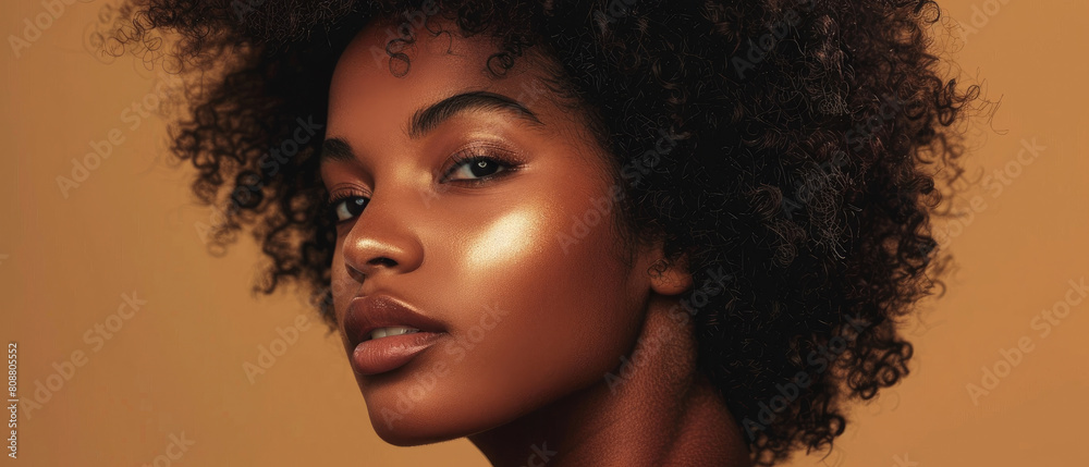 Fototapeta premium Beauty portrait face of beautiful black brown woman model healthy and glowing facial skin care natural and hair care curly hair afro hair on brown background 
