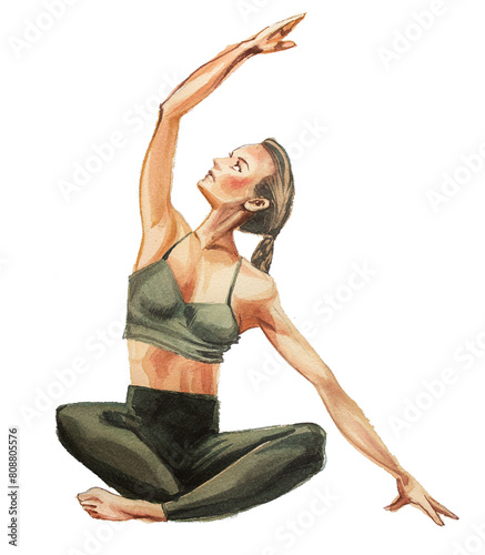 Woman doing yoga isolated on white. Meditation and mindfullness watercolor painting. photo