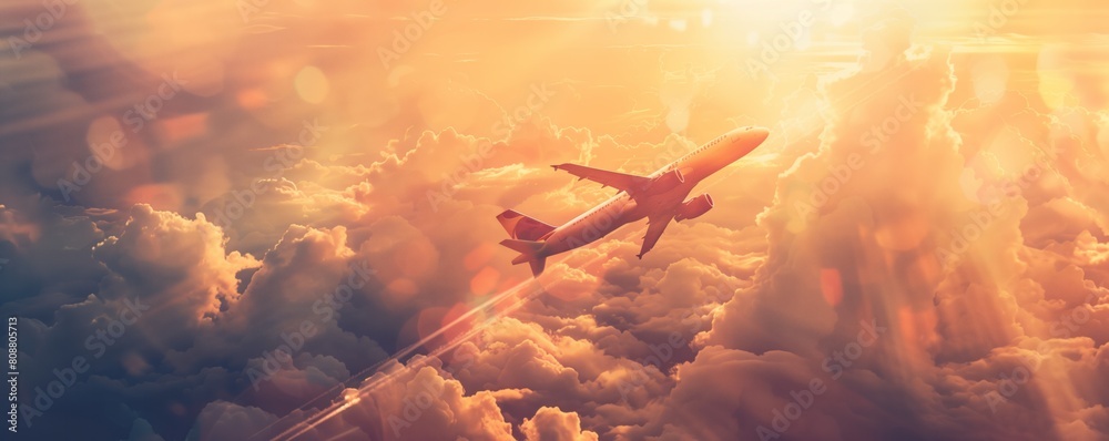Airplane plane wing at sunset time through clouds Airplane plane wing at sunset time through clouds