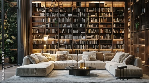 3D rendering of stylish lounge area with comfortable sofa and bookshelves photo