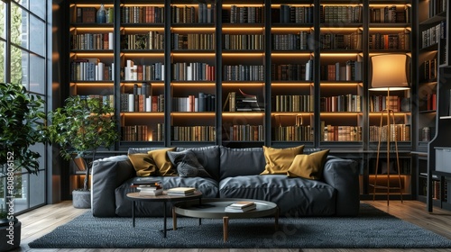 3D rendering of stylish lounge area with comfortable sofa and bookshelves photo