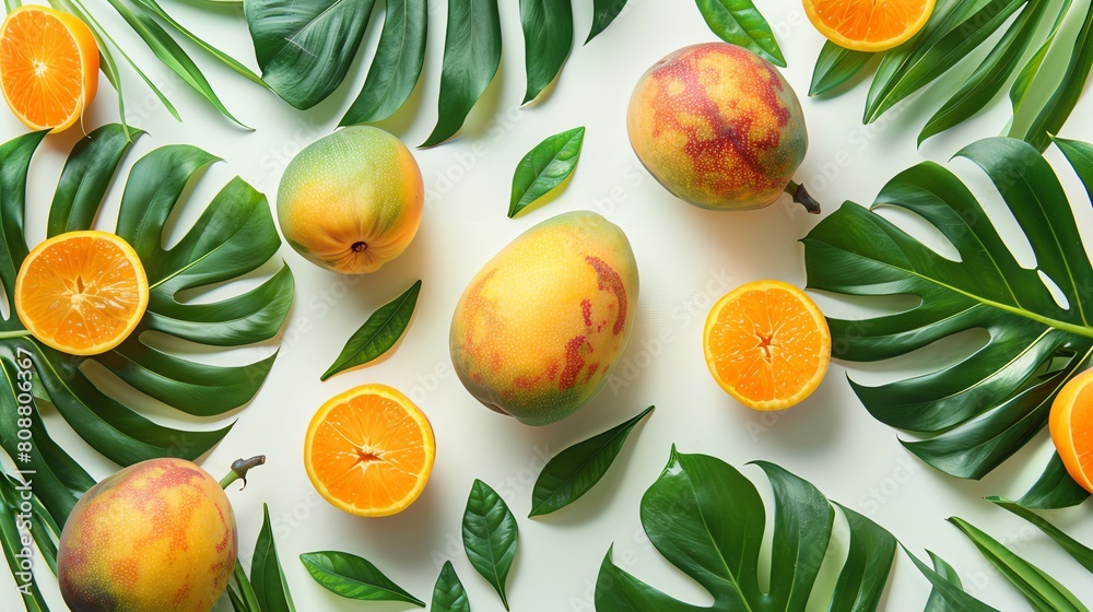Mango arranged with tropical leaves, the greenery adding a splash of color, mango front and center on a white canvas, emphasizing freshness and organic origins Mango arranged with tropical leaves, the greenery adding a splash of color, mango front and center on a white canvas, emphasizing freshness and organic origins