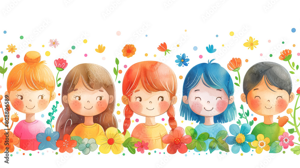 Children and flowers drawn with paint on a white background. Children and flowers drawn with paint on a white background.