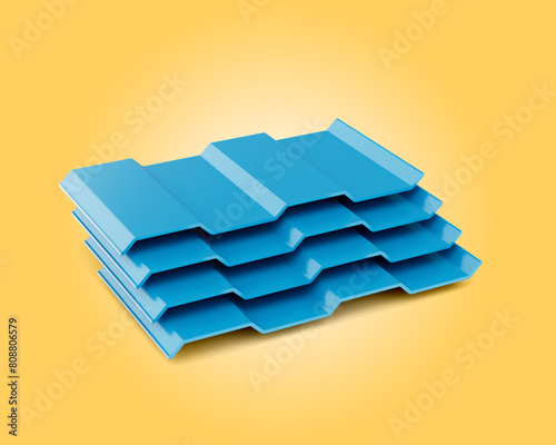 Blue Metallic Stacks Of Corrugated Galvanised Iron For Roof Sheets Yellow Background 3d Illustration