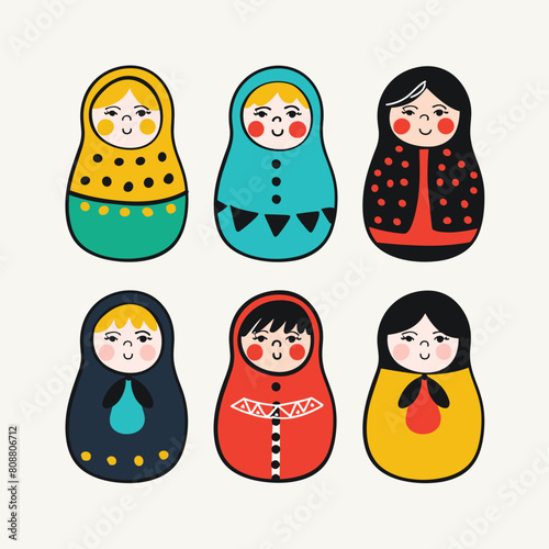 Collection Russian matryoshka dolls illustrated simple flat design. Six colorful nesting dolls display diverse patterns facial expressions. Traditional Russian toys come black, green, blue, yellow