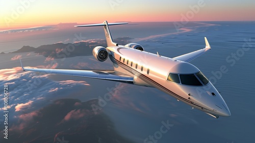luxury private jet plane flying above sea of ​​clouds at sunset