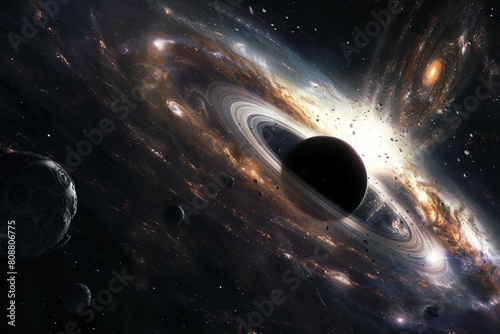 A black hole in the center of space, with swirling galaxies and stars around it. 
