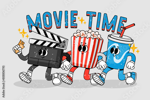 Cinema retro characters. Movie time, cartoon theater mascots. Funny theater food, pop corn, soda and clapperboard with ticket. Video character with legs, hands. Vector concept