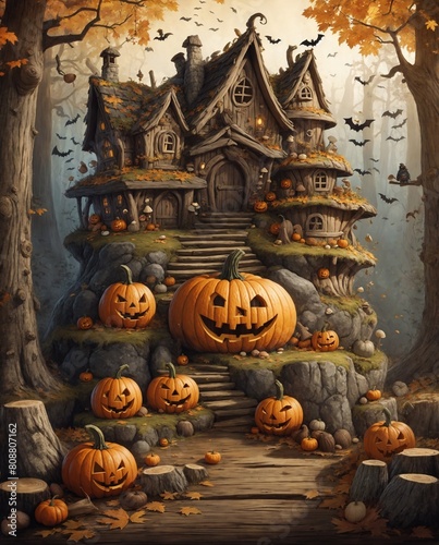 Halloween happy poster, carved black pumpkins display glowing , with flowers and leaves , post box, decoration . in a whimsical forest set, wood stumps , mushrooms, flat chest.