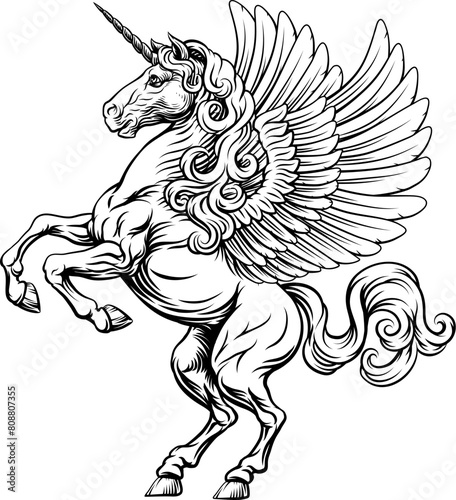 Unicorn horn Pegasus flying horse with wings mythological animal from myth. For a crest in rampant pose. Heraldic coat of arms heraldry design element in a vintage illustration style.