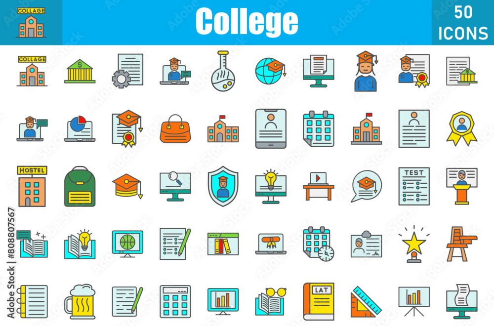 College 50 web icons in outline filled style College 50 web icons in outline filled style