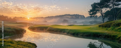 beautiful, modern, natural background with sunrise over the river, for websites. Serene dawn landscape, morning fog over the water, green banks and trees by the river. © DNV