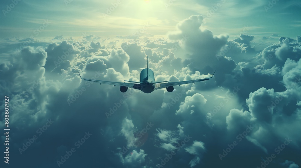 Airplane plane wing at sunset time through clouds Airplane plane wing at sunset time through clouds