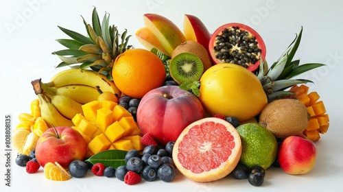 assorted tropical fruits including oranges  bananas  kiwis  grapes  and kiwifruit arranged on a transparent background