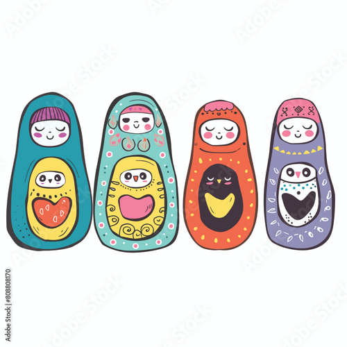 Set colorful matryoshka dolls cute faces patterns white background. Russian nesting dolls, traditional wooden toys Russia, cartoon characters. Brightly painted matryoshkas, cultural folk art photo